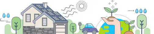 Illustration of a Kerala home with rooftop solar panels, an electric car and growing greenery